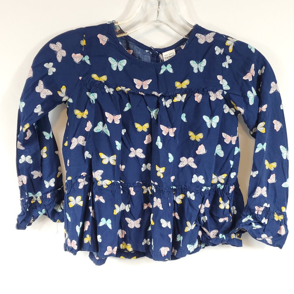 Carters Kids Girls Lng Slv Tiered Poplin Butterfly Print Navy Blue Blouse Sz 7
